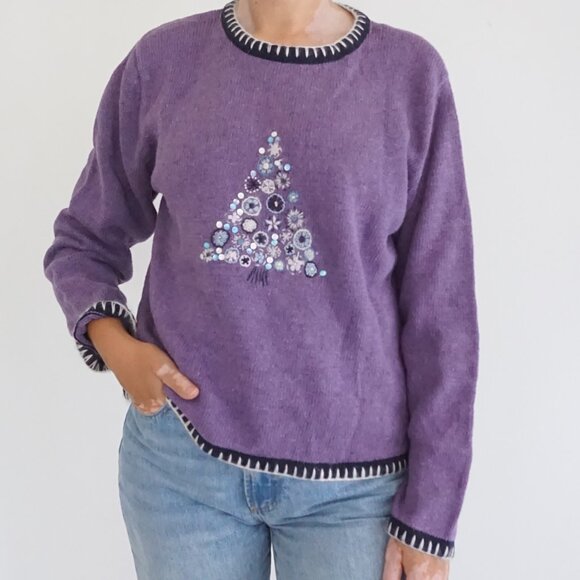 VTG Christopher & Banks Purple Floral Tree Embroidered Christmas Sweater L - Picture 1 of 9